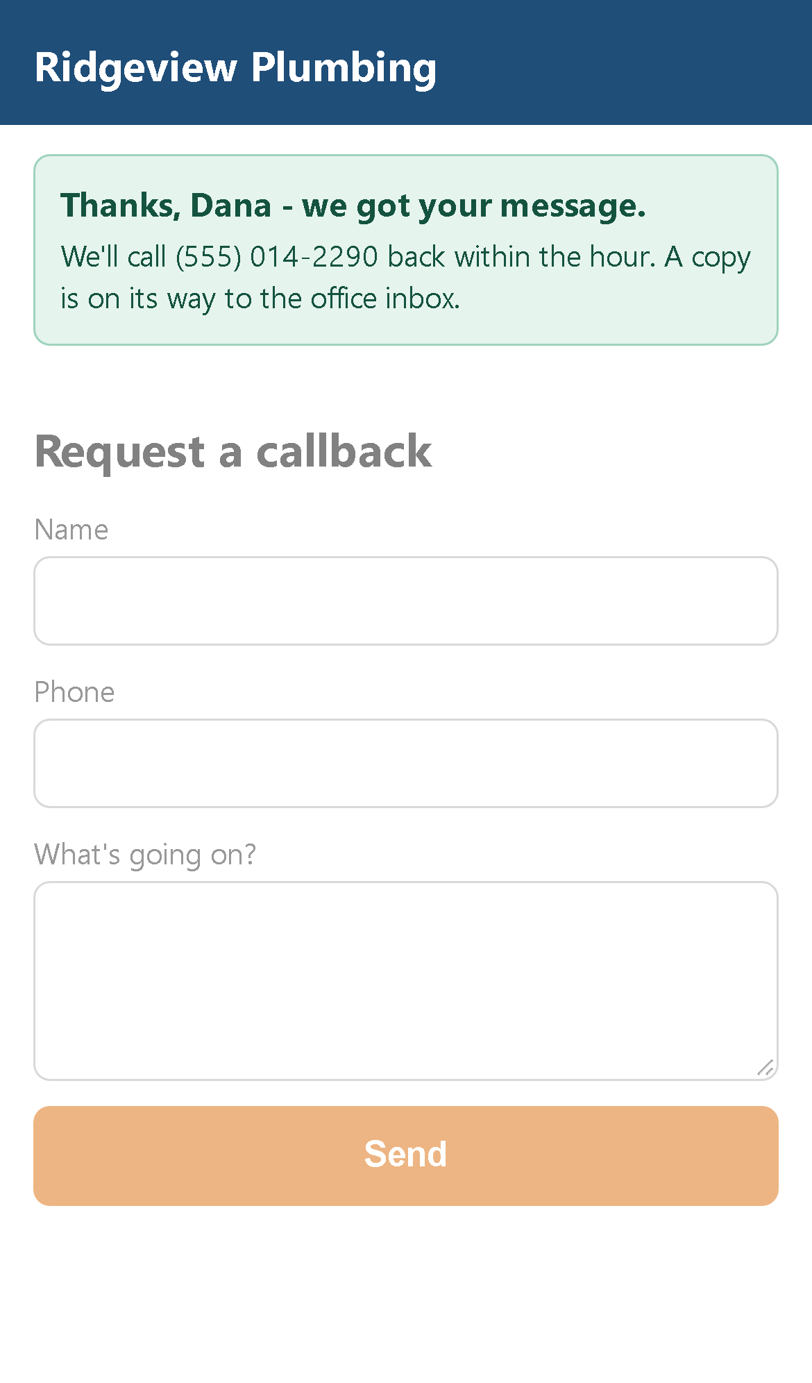 The same form on an iPhone showing a confirmation: Thanks, we got your message, we will call you back within the hour