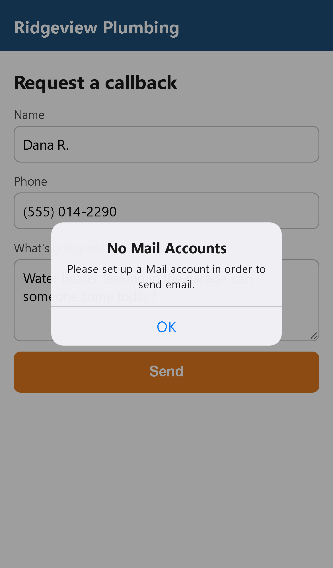 A sample callback form on an iPhone; after pressing Send, an alert says No Mail Accounts, please set up a Mail account in order to send email
