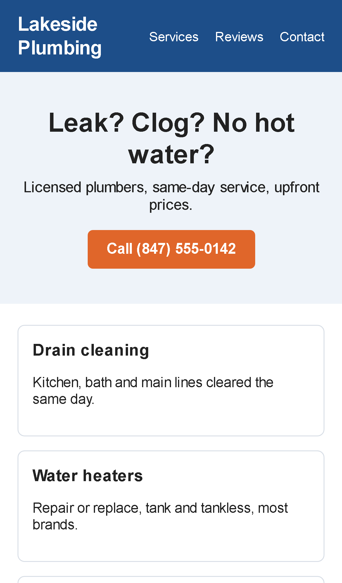 The same page at phone width on an iPhone, readable text and a large call button