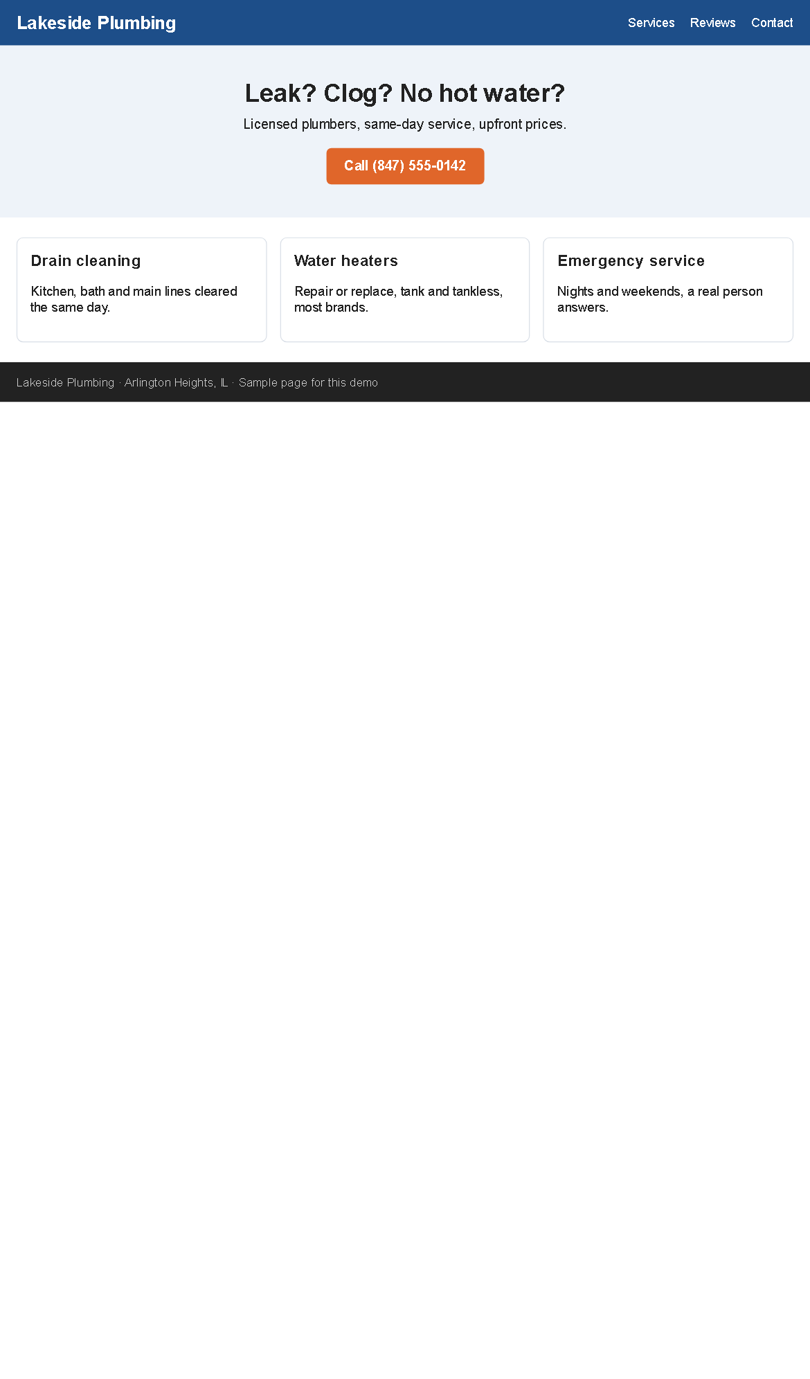The sample plumber page drawn as a shrunken desktop page on an iPhone, text too small to read